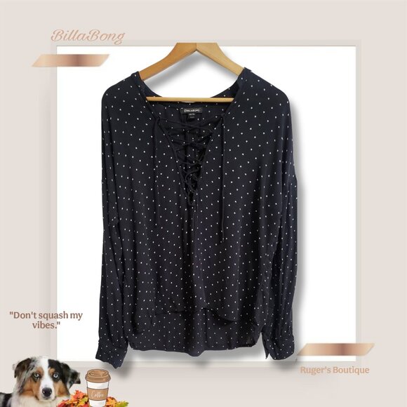 🌿Billabong Forget Me Knot Shirt Womens Medium Black White Polka Lace-Up V-Neck - Picture 10 of 11